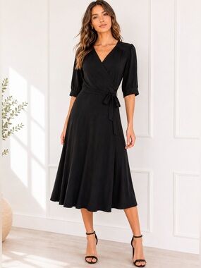 Laundry by Shelli Segal Black Wrap Elegant Midi Dress | Size 8